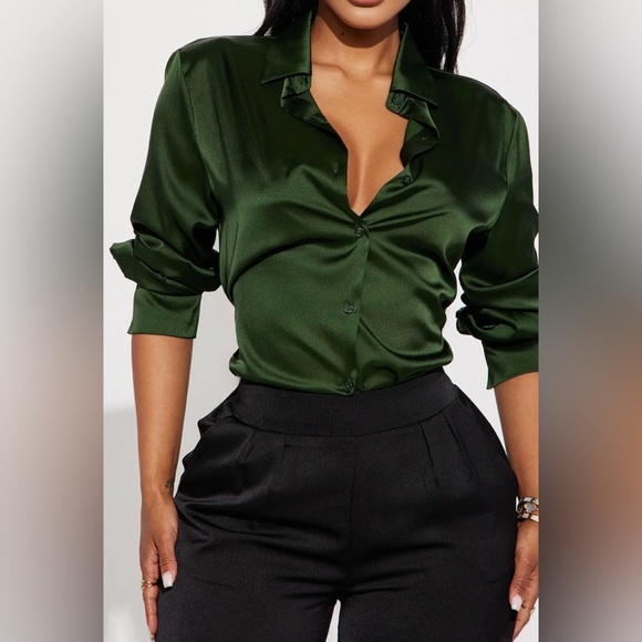 Fashion Nova Tops - Fashion Nova Deep Green Satin Button Down Shirt